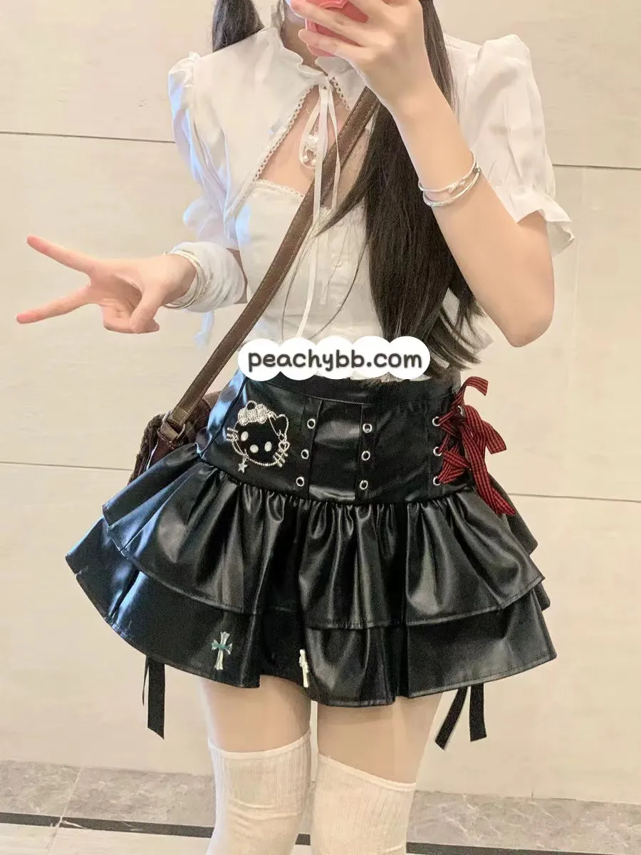 Y2K Hello Kitty Inspired Black Leather Mini Layered Skirt