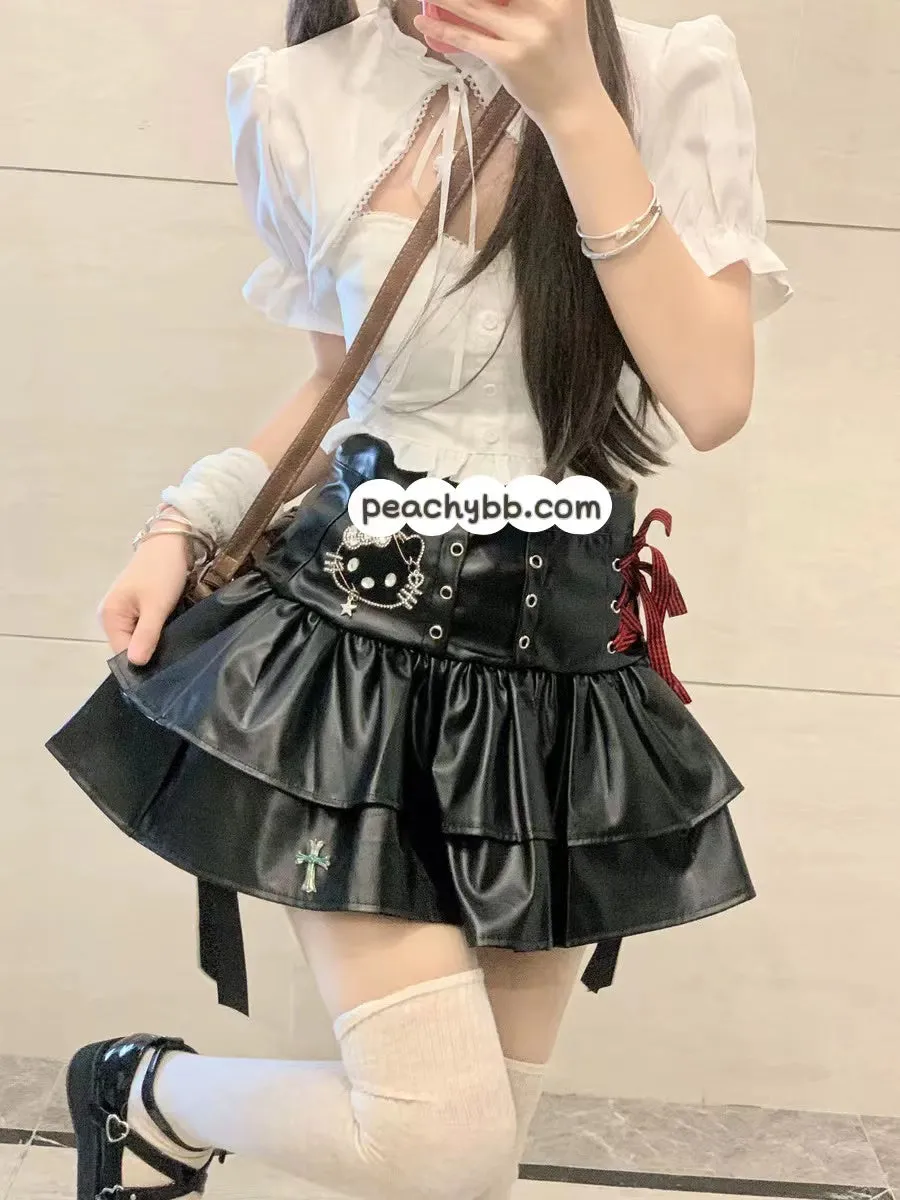 Y2K Hello Kitty Inspired Black Leather Mini Layered Skirt