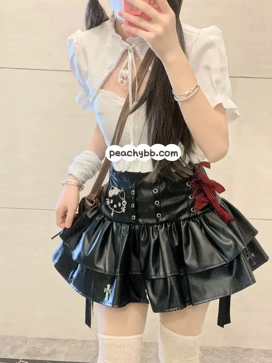 Y2K Hello Kitty Inspired Black Leather Mini Layered Skirt